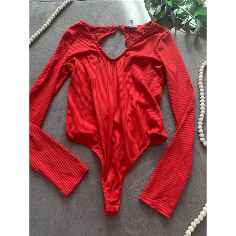 Red lace open back bodysuit long sleeve